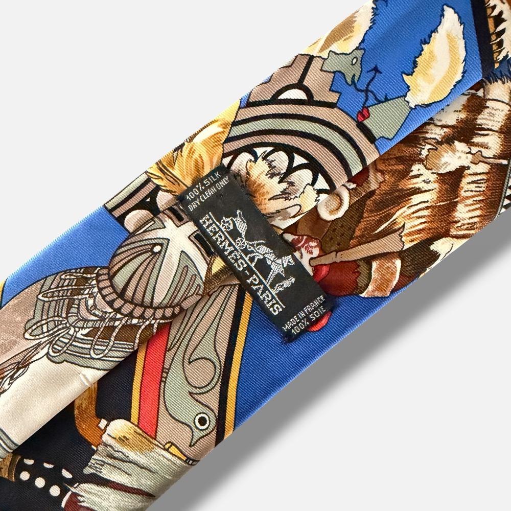 Hermes Silk Tie Mens Blue Native American Archer Graphic Vintage Kermit Oliver
